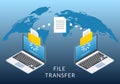 File transfer concept. Two Laptop computers with folders send and upload documents. File copy, data or information exchange design Royalty Free Stock Photo